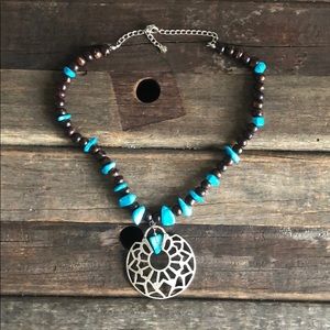 Turquoise and Wood Beaded Necklace